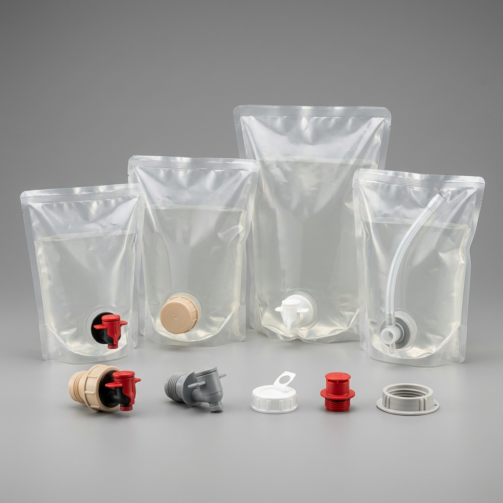 Bag-in-box fitments, caps and dispensing valves