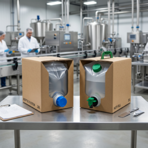Aseptic and hot-fill bag-in-box packaging systems shown for process comparison