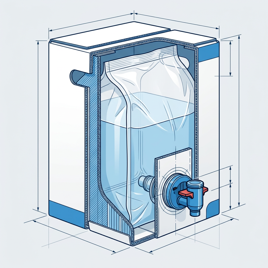 Cutaway view of bag-in-box inner bag, fitment and carton