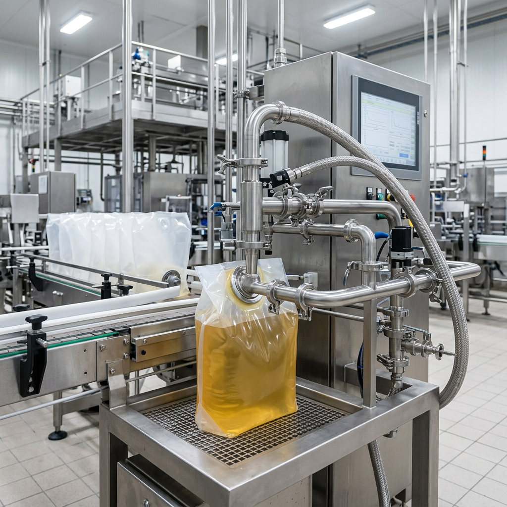 Bag-in-box liquid filling process with hygienic equipment