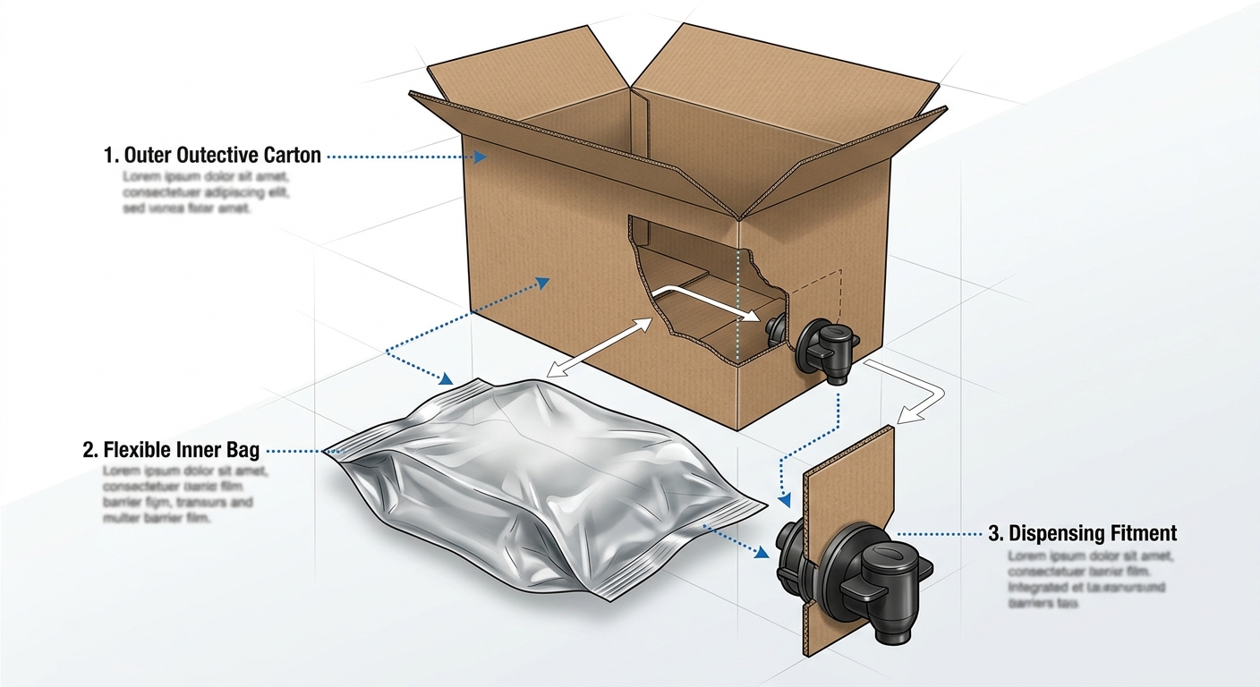 Flexible bag, fitment and carton components of coffee Bag-in-Box packaging