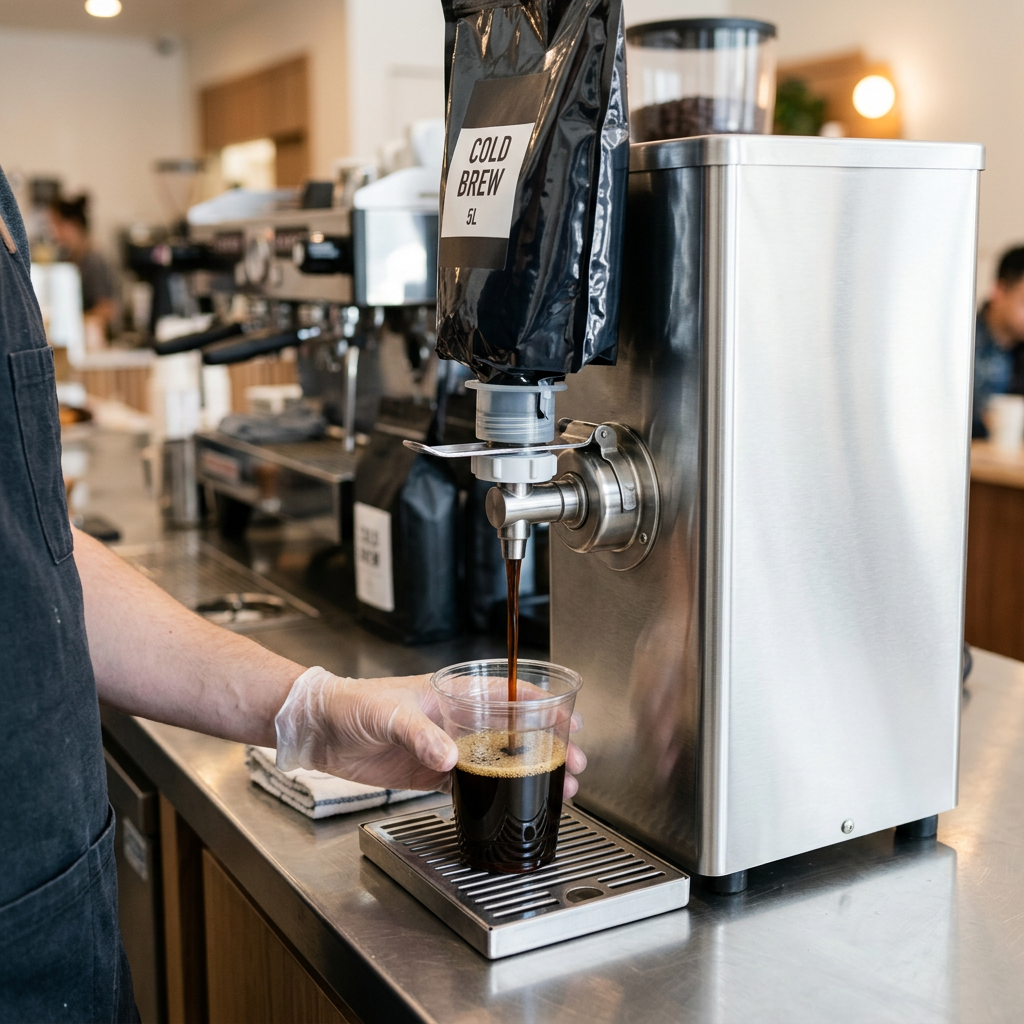 Coffee Bag-in-Box fitment and dispensing valve connected to equipment