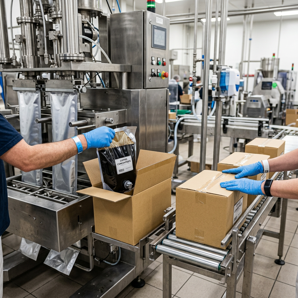 Bag-in-Box coffee bags on a flexible packaging filling line