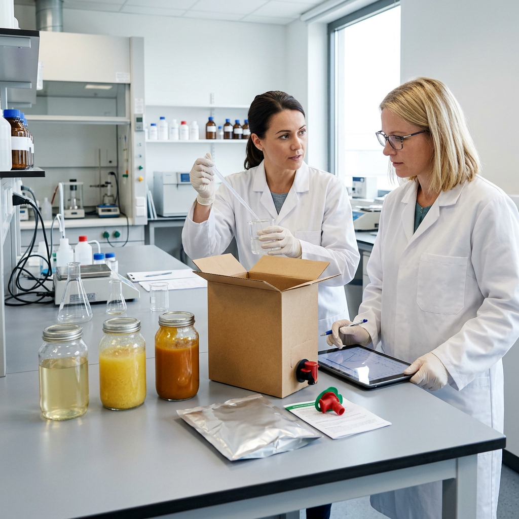 Juice samples used to assess bag-in-box packaging requirements