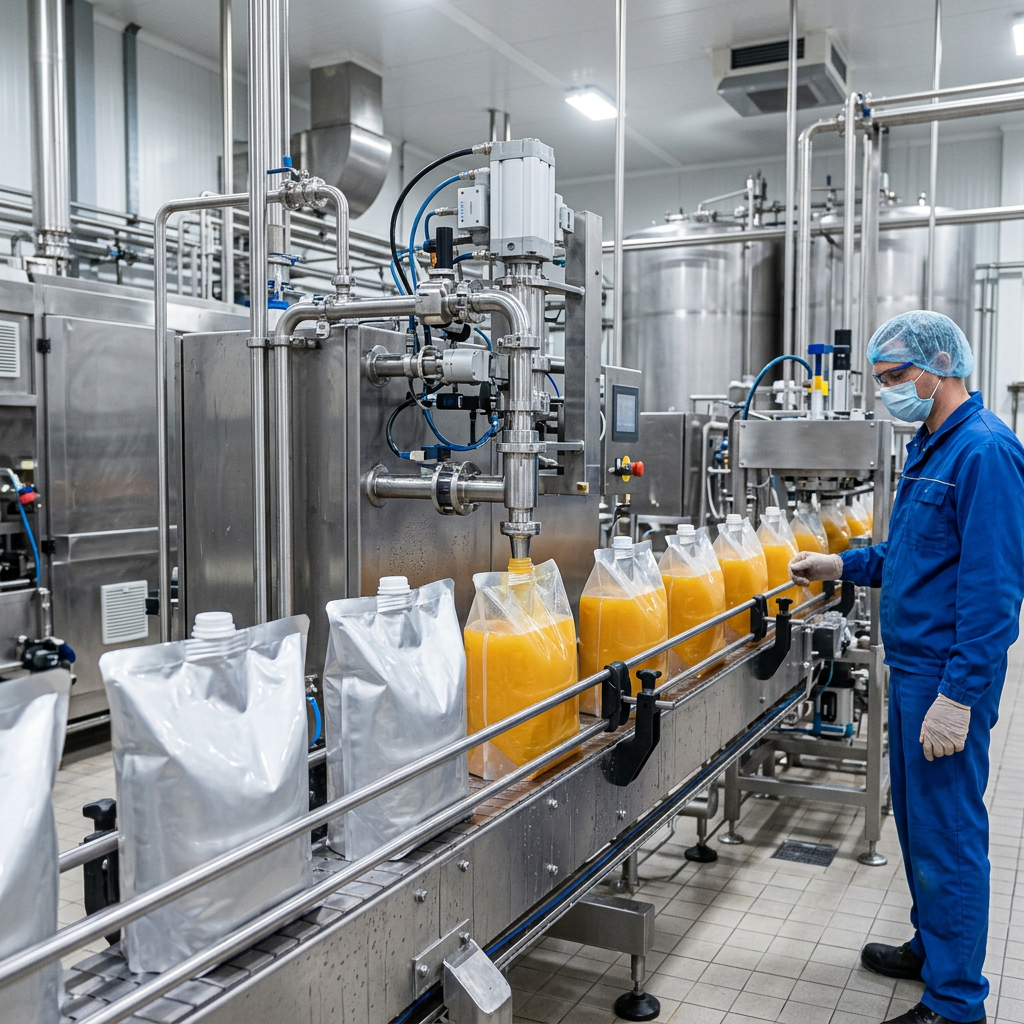 Bag-in-box juice bags being filled on a beverage production line