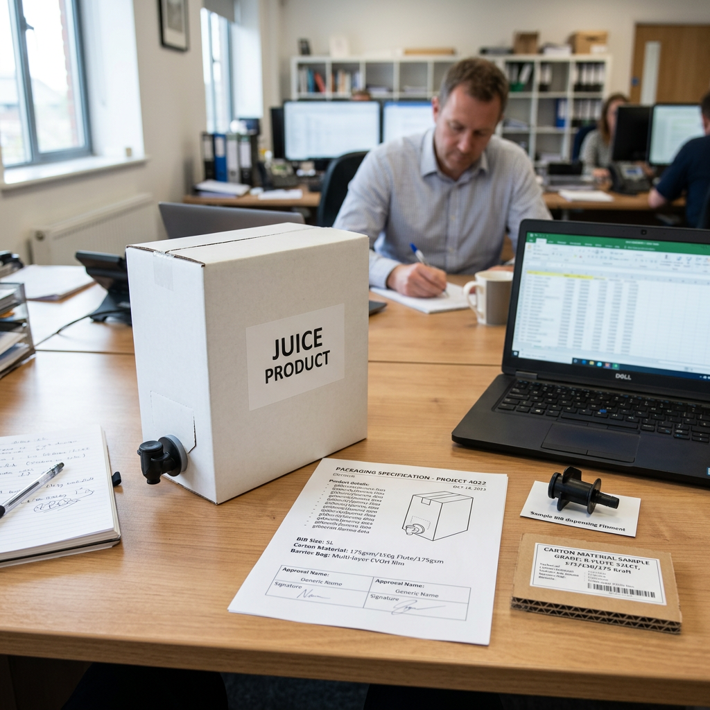 Buyer reviewing a juice bag-in-box packaging specification