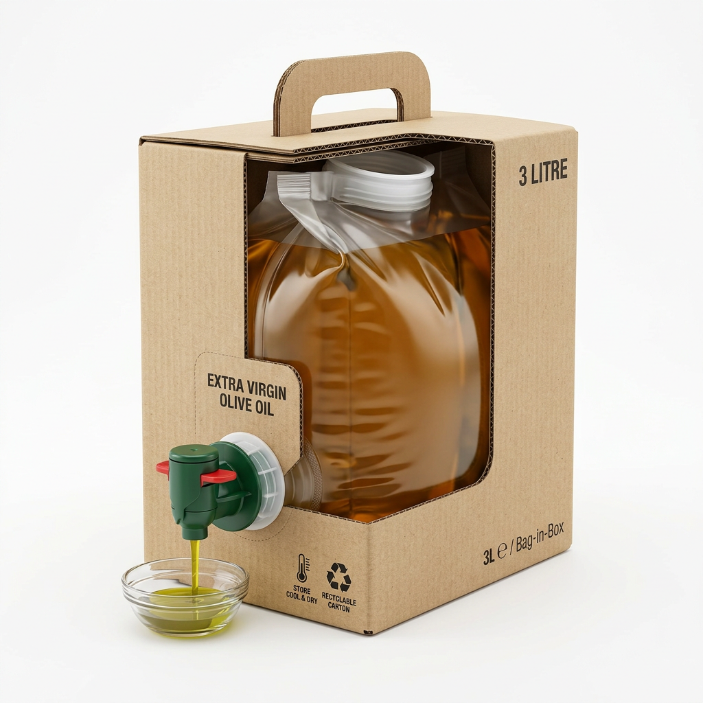 Cutaway view of olive oil Bag-in-Box components including bag, tap, and carton
