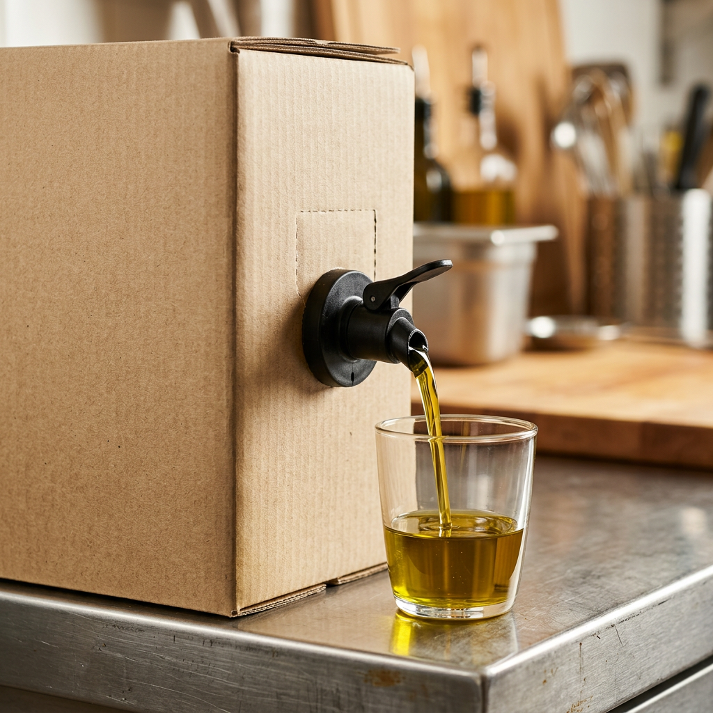 Dispensing tap on an olive oil Bag-in-Box carton