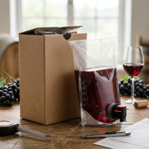 Bag-in-box wine package with a flexible bag and dispensing tap beside a protective carton