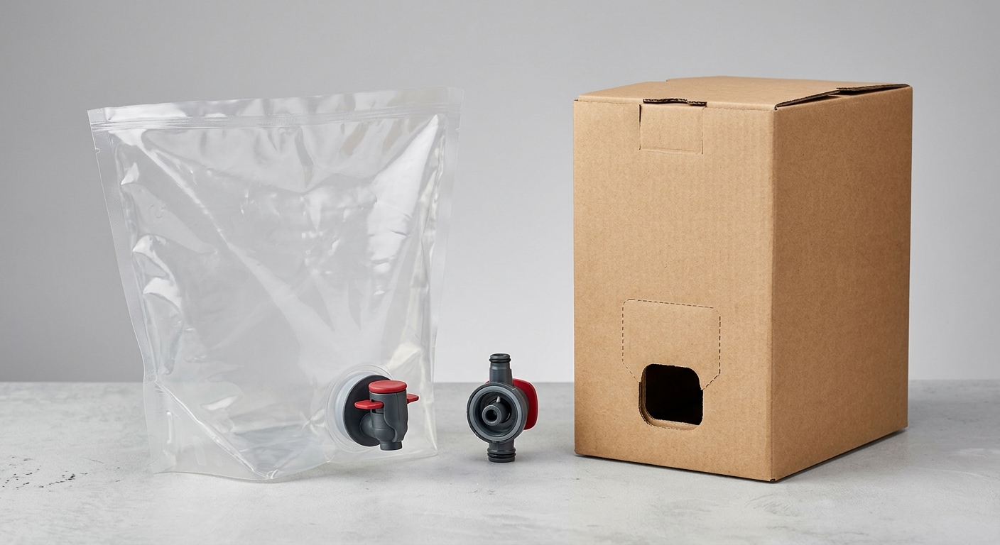 Three components of a bag-in-box wine system: inner bag, tap and carton