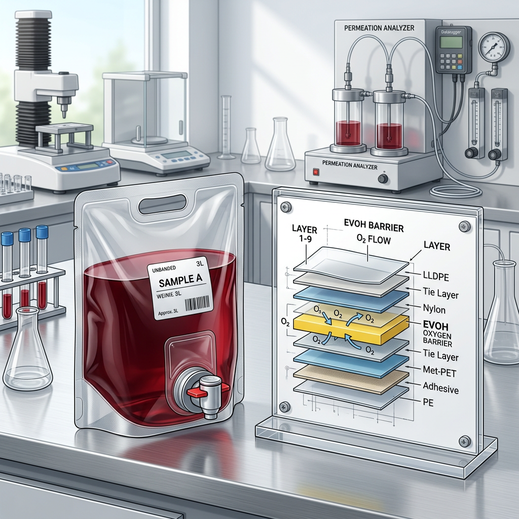 Oxygen barrier film consideration for bag-in-box wine packaging