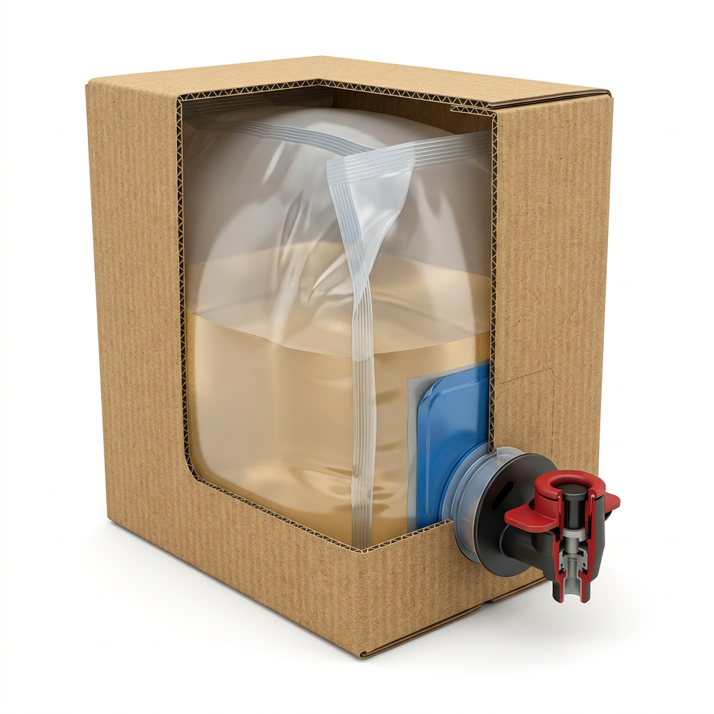 Cutaway view of Bag-in-Box bag, fitment, tap and carton