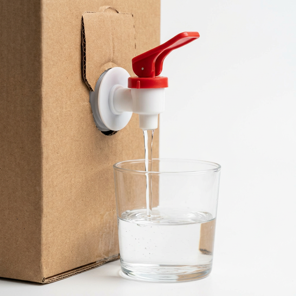 Bag-in-Box tap dispensing liquid from a carton