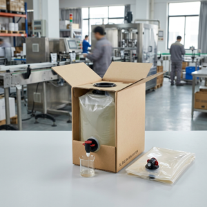 Bag-in-Box tap and fitment components with flexible bag and outer carton