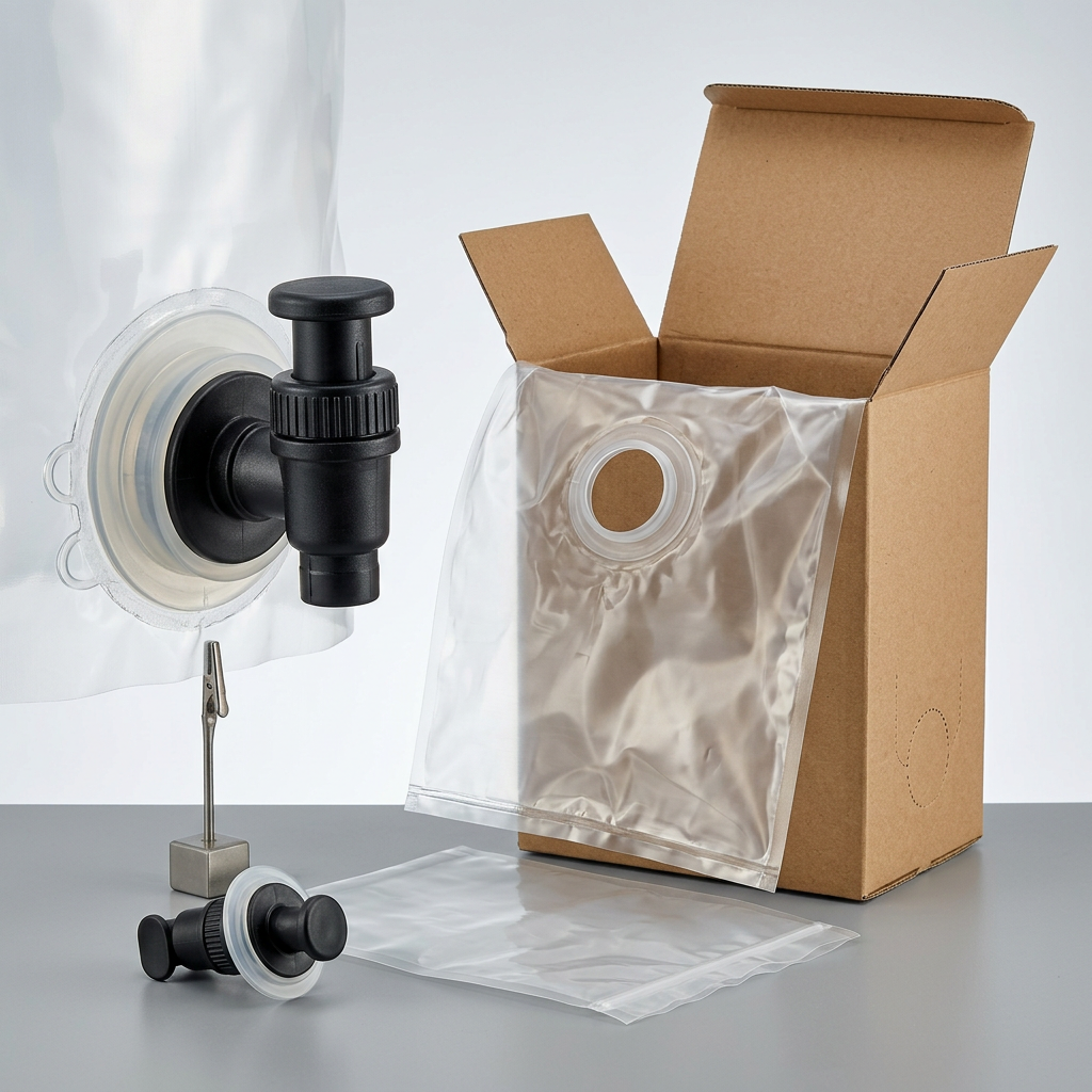Bag-in-Box tap and fitment shown with flexible bag and carton