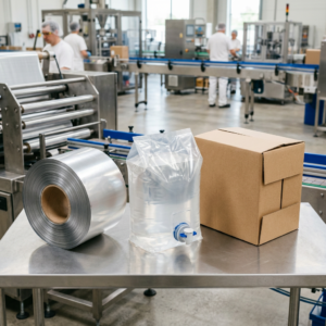 Bag-in-box packaging materials for beverages including flexible bag film, fitment, and outer carton