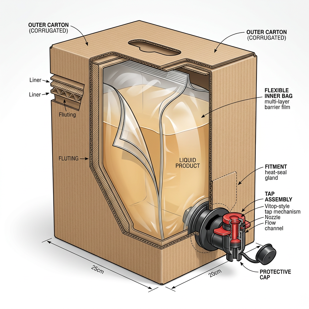 Technical illustration of bag-in-box components