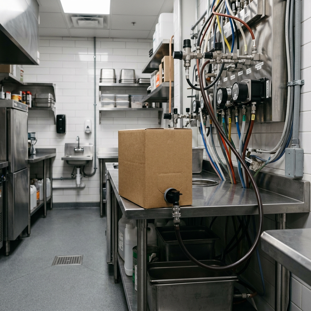 Bag-in-box packaging used for foodservice syrup dispensing