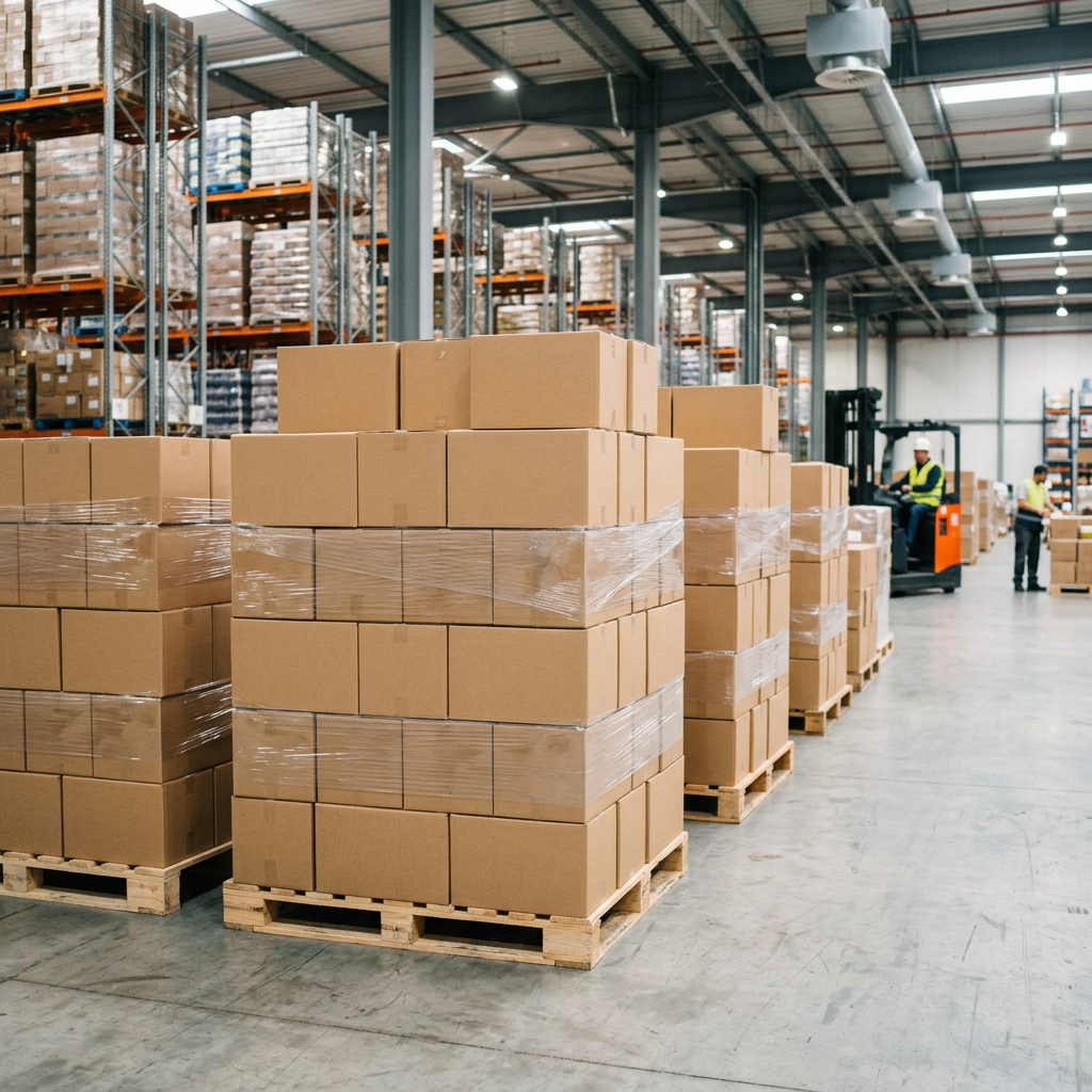 Bag-in-box cartons prepared for warehouse storage and distribution