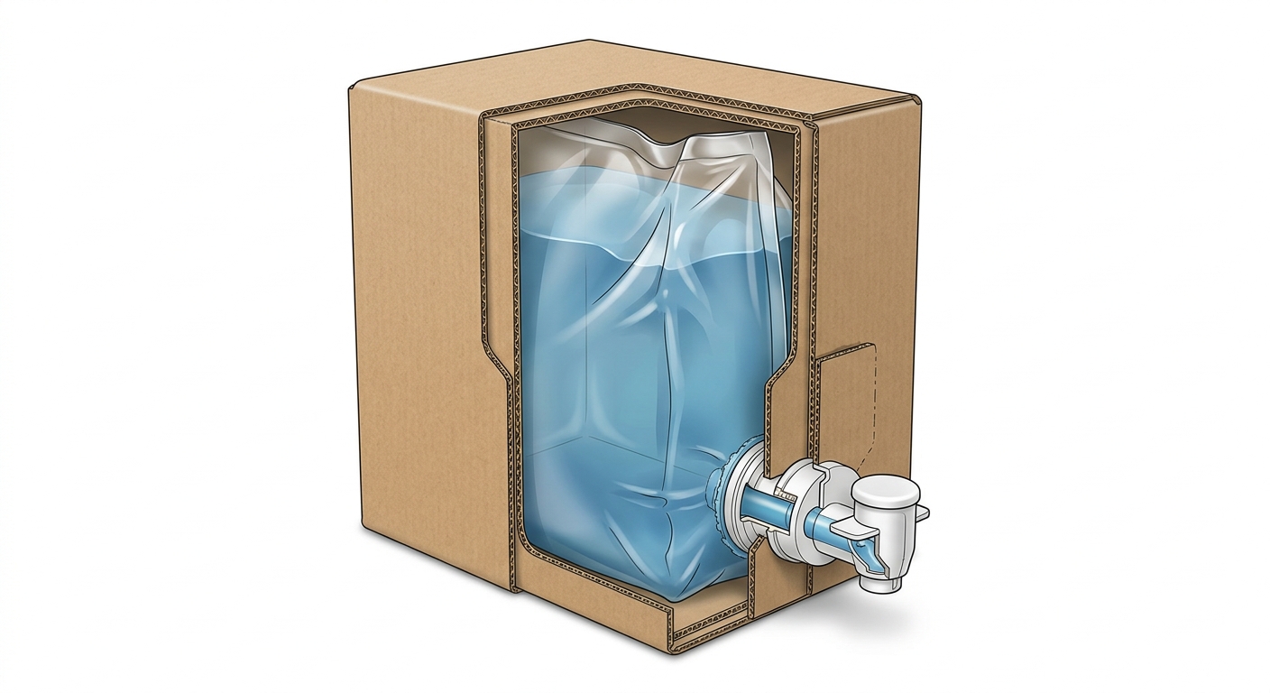 Cutaway view of bag-in-box components for household cleaning liquid