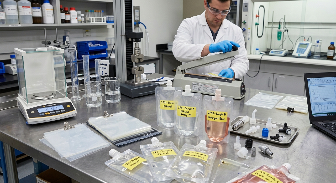 Flexible packaging materials and fitments prepared for cleaner compatibility testing