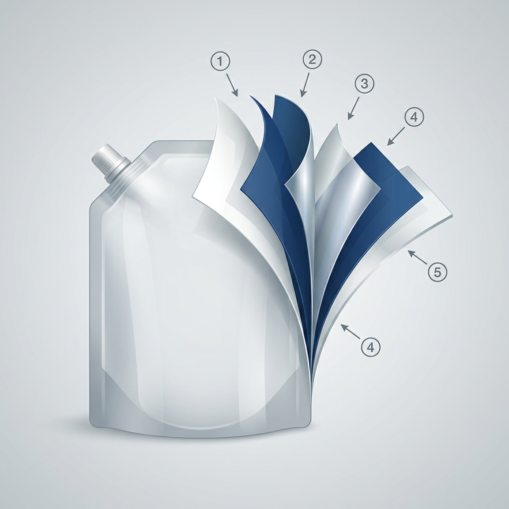Illustration of multilayer flexible film used in bag-in-box packaging