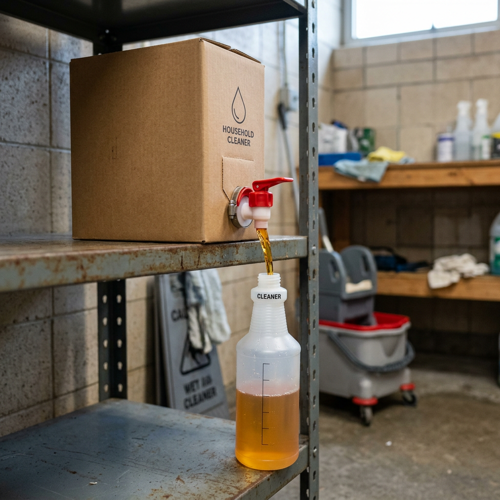 Bag-in-box cleaner carton dispensing liquid through a tap into a refill bottle