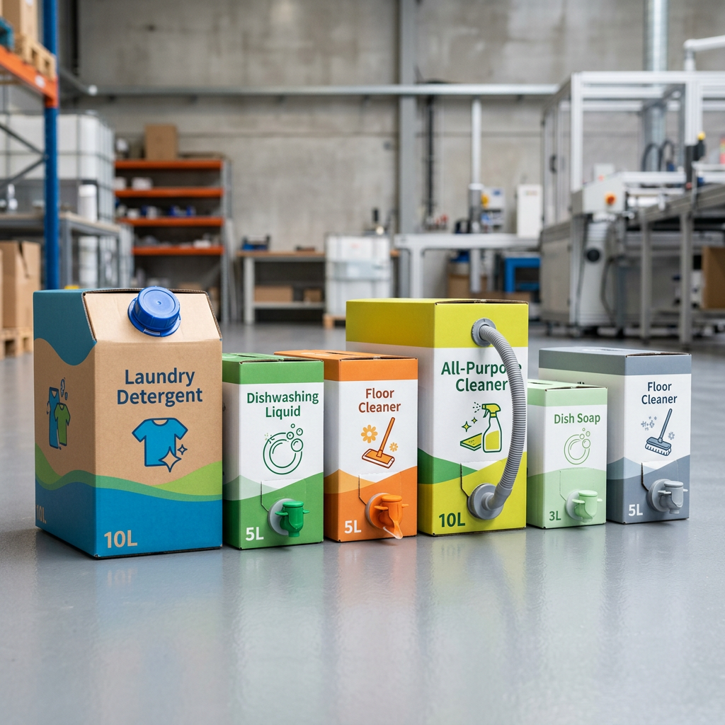 Bag-in-box packaging applications for different household cleaning liquids
