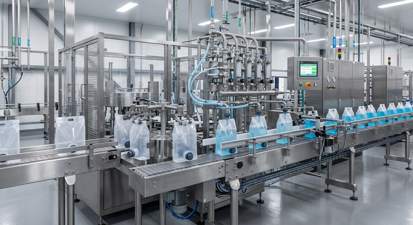 Industrial filling line for bag-in-box household cleaner packaging