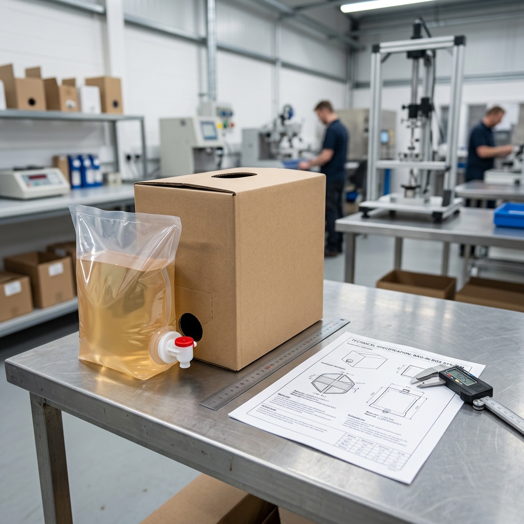 Bag-in-box components shown with a packaging specification document