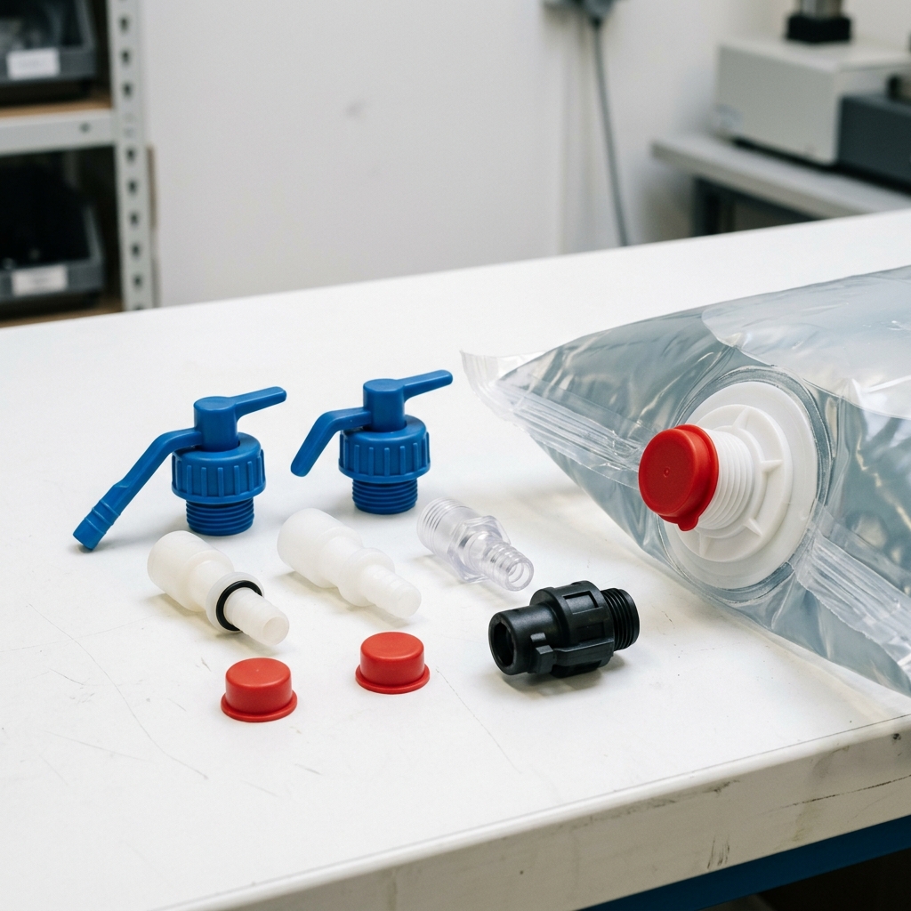 Bag-in-box fitments and dispensing connection components