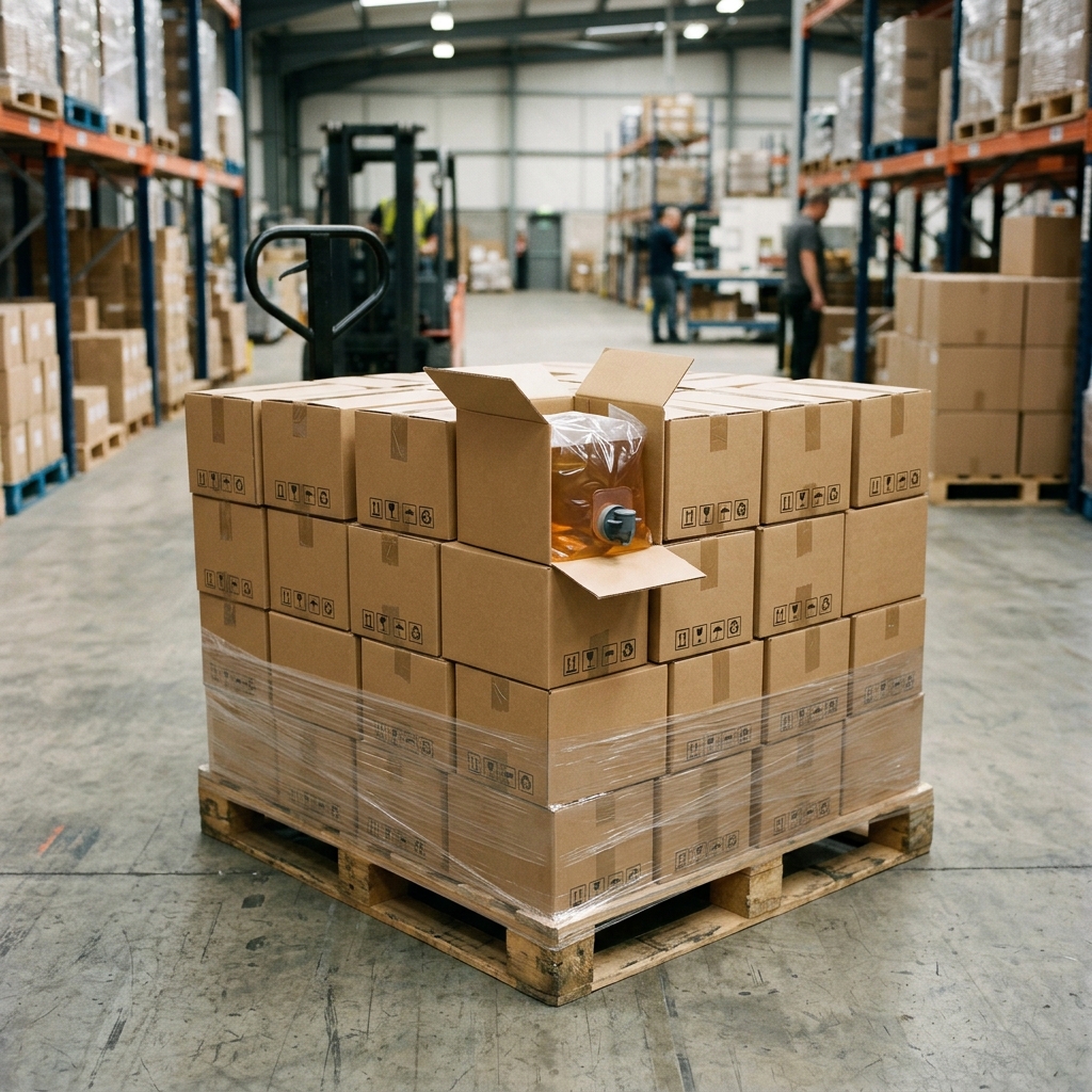 Bag-in-box cartons arranged for pallet handling and distribution