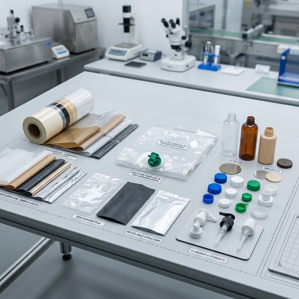 Flexible film and bottle material samples for liquid packaging barrier evaluation
