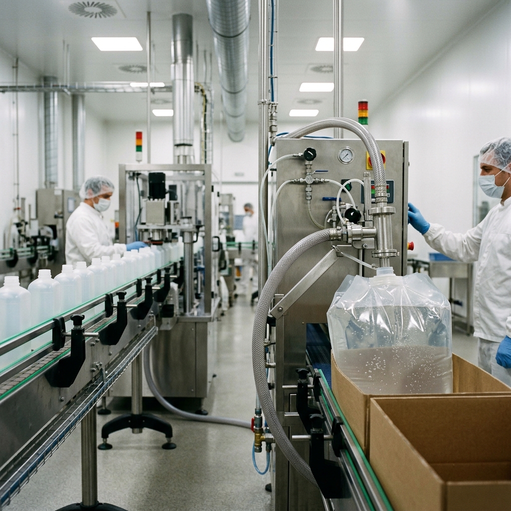 Bag-in-box and bottle filling processes on industrial packaging equipment