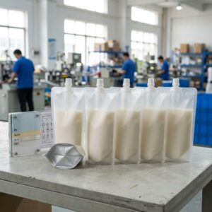 Unbranded double-bottom pouches with reinforced base construction for liquid packaging