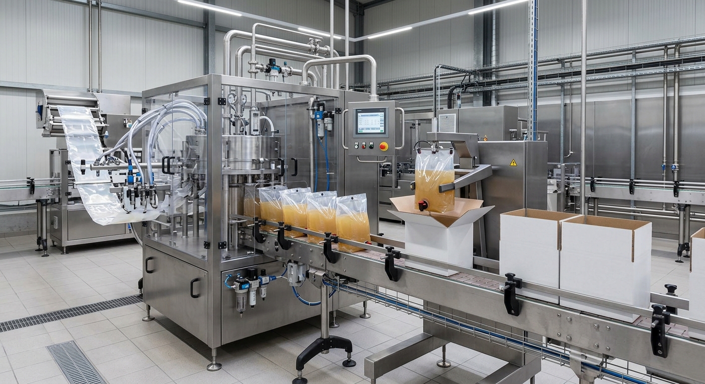Bag-in-box juice filling line in a hygienic production environment