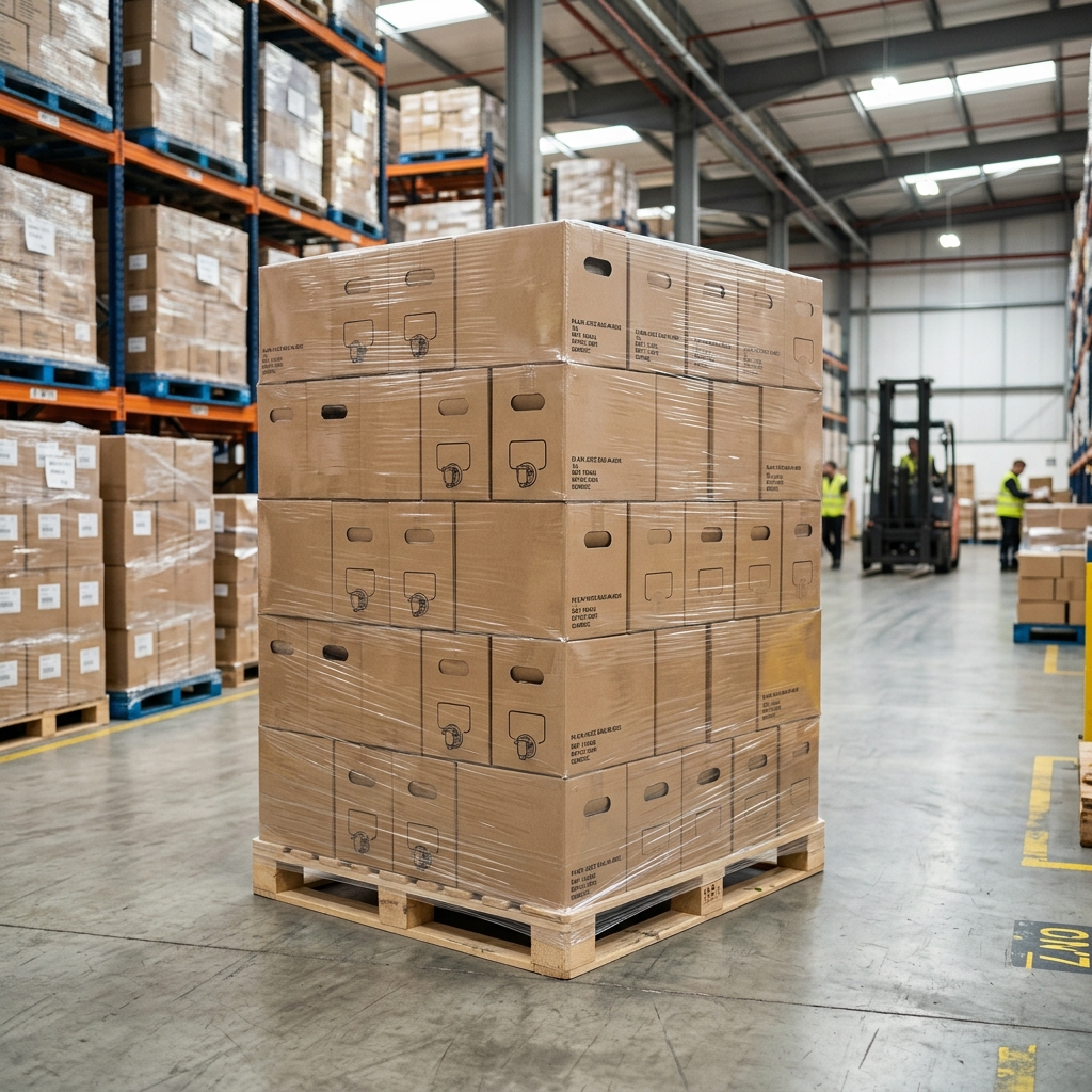 Palletized juice bag-in-box cartons in warehouse storage