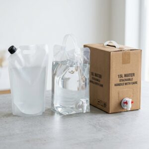 Water pouch packaging formats including a stand-up pouch, tap-fitted dispensing bag and bag-in-box