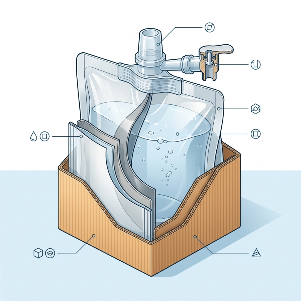 Diagram of a flexible water pouch, fitment, tap valve and bag-in-box carton