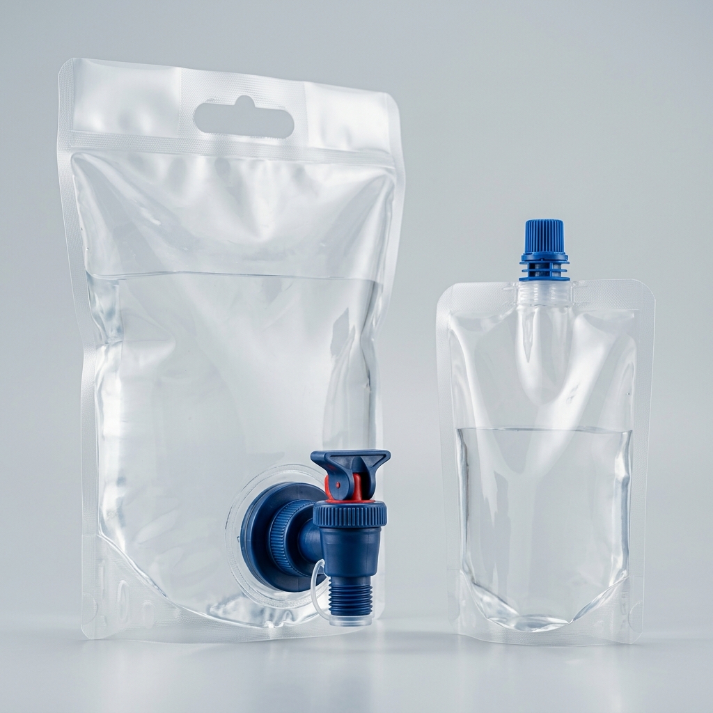 Tap and spout fitments for flexible water pouches