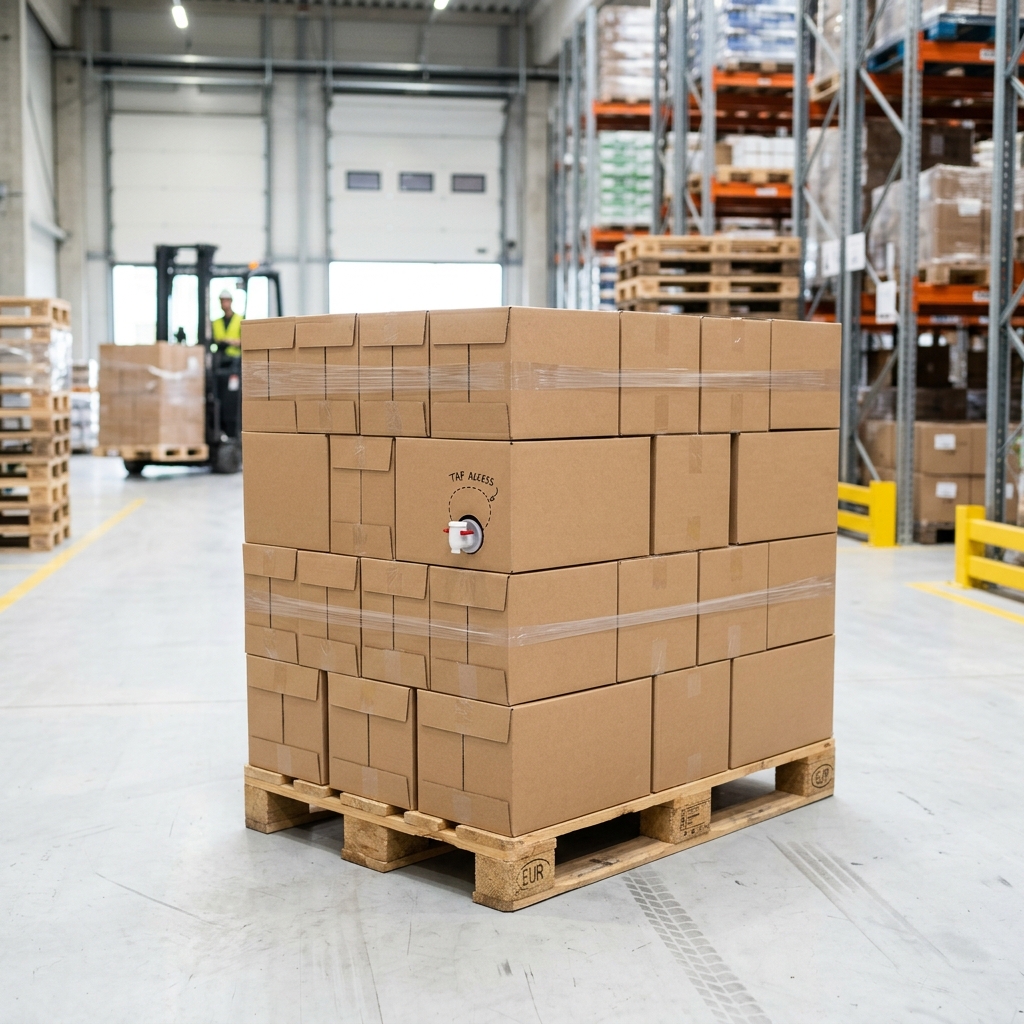 Bag-in-box water packages prepared for storage and distribution